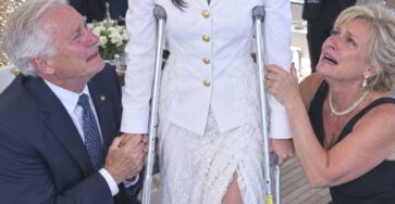 Emotional military daughter on crutches with an injured leg at a luxury yacht party while her parents react in tears.