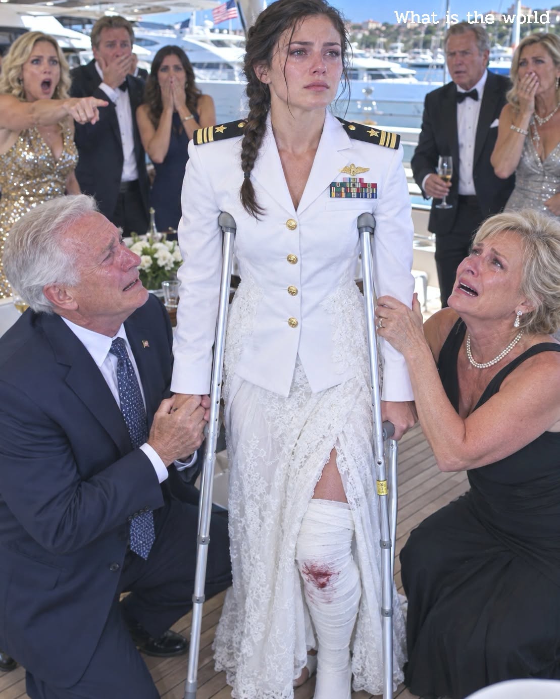 Emotional military daughter on crutches with an injured leg at a luxury yacht party while her parents react in tears.