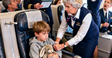 A young boy holding a stuffed rabbit while sitting in a first-class airplane seat.