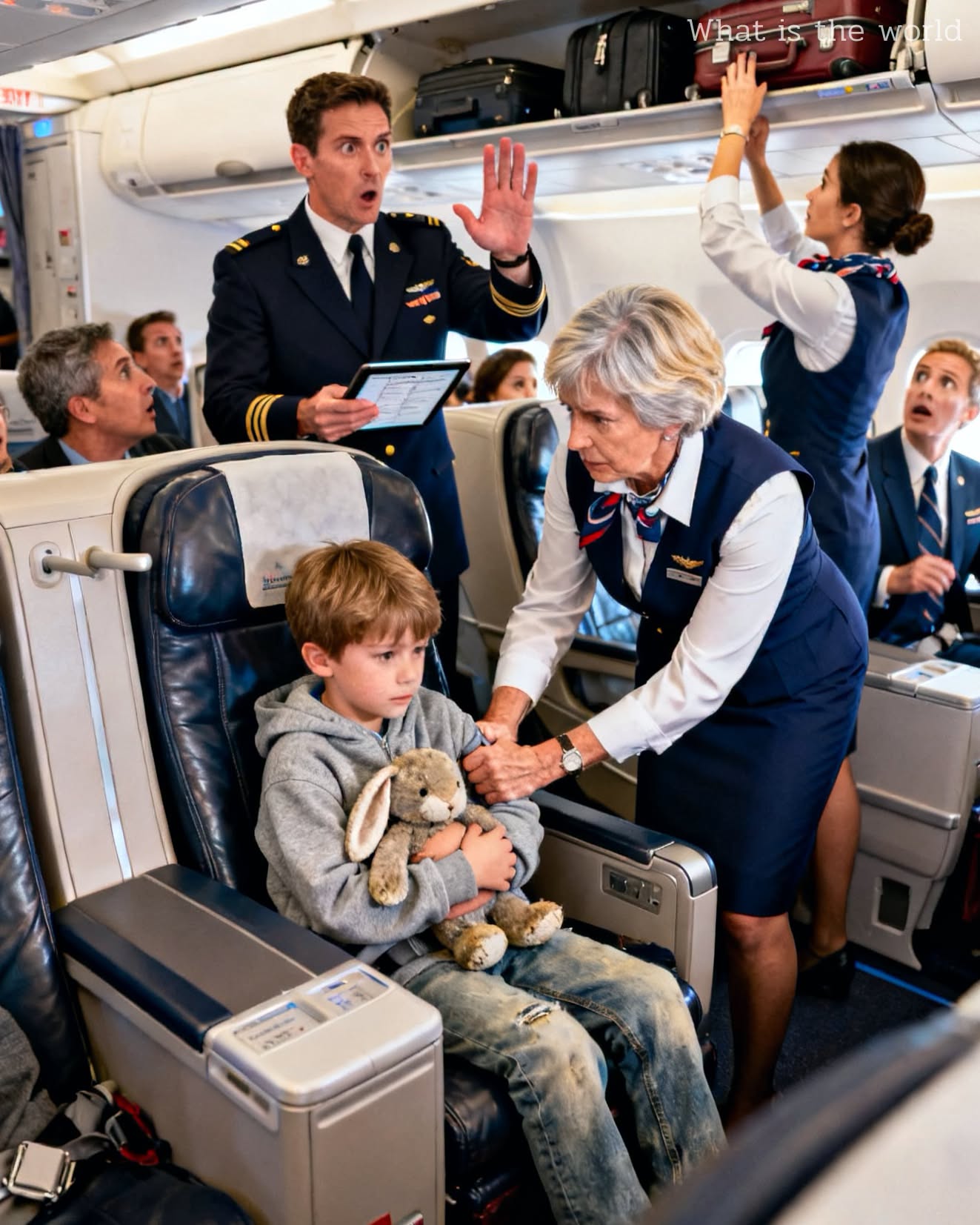 A young boy holding a stuffed rabbit while sitting in a first-class airplane seat.