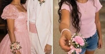 A vintage white rose boutonniere beside a faded prom bouquet.